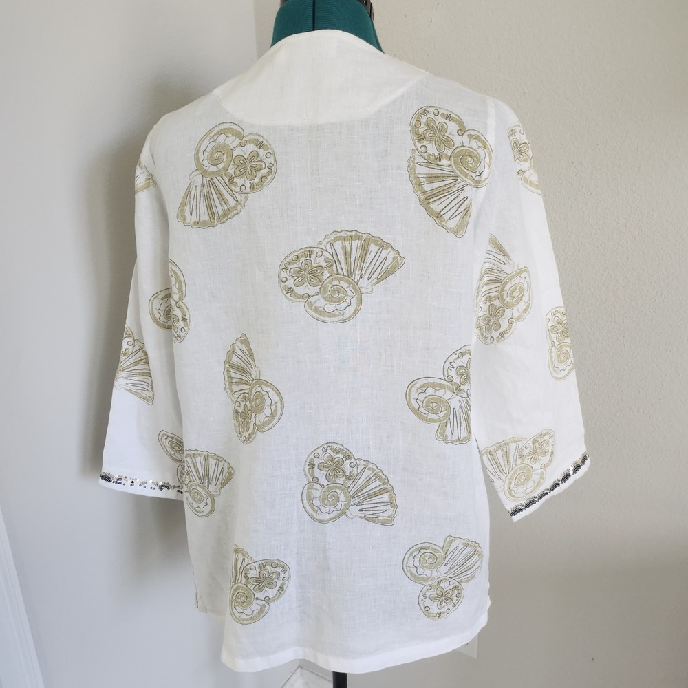 Lulu B Tunic Womens S White Linen Sequin Seashell Coastal Resort - Picture 6 of 9